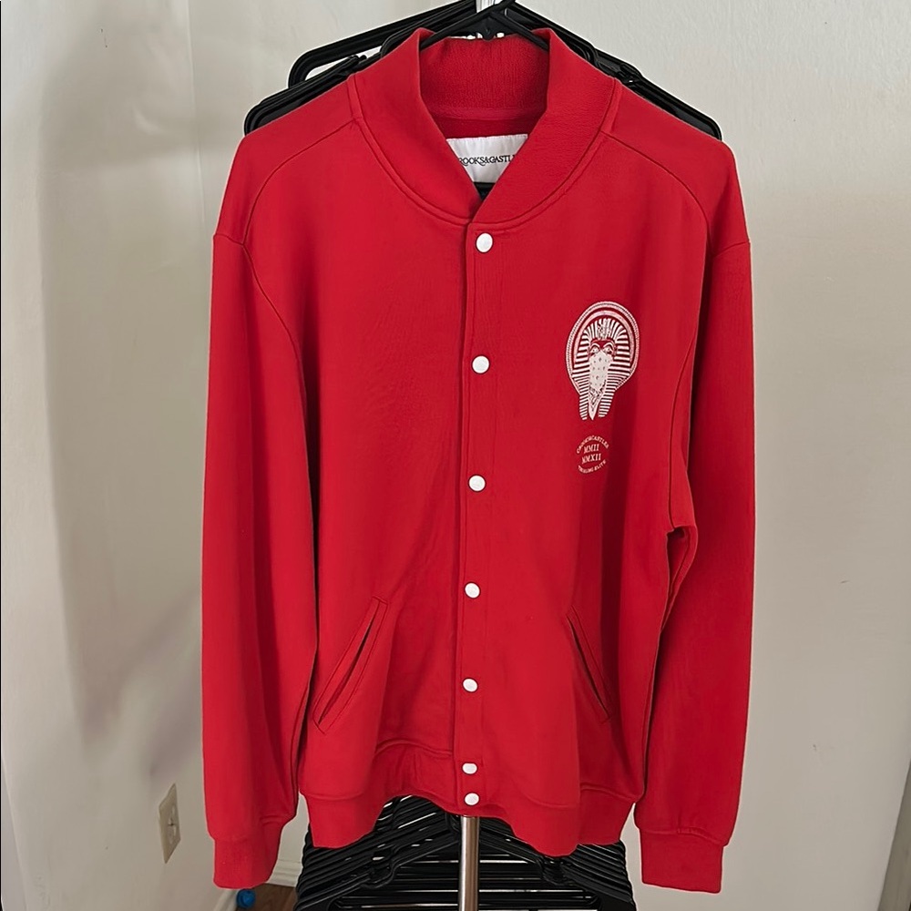 Crooks and Castles Red Button-Up Varsity Jacket with Logo
